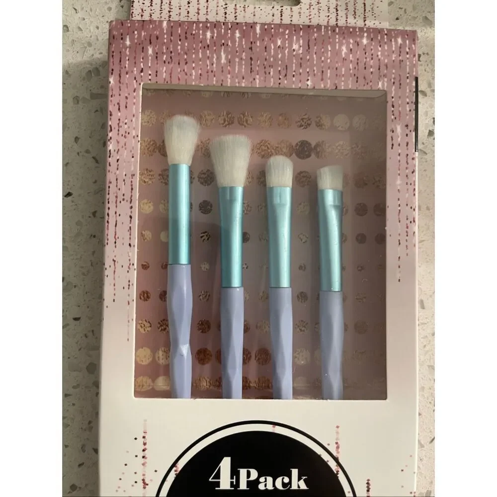 4Pc Makeup Brush Set Contour Blending Eyeshadow Crease Pink Blue Black